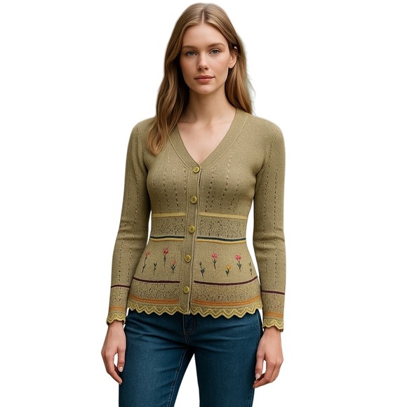 Vintage Tricot Chic Cottage Crochet Floral Cream Cardigan Sweater Italy Grandma - Picture 1 of 11
